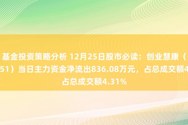 基金投资策略分析 12月25日股市必读：创业慧康（300451）当日主力资金净流出836.08万元，占总成交额4.31%