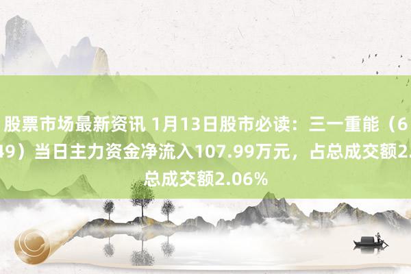 股票市场最新资讯 1月13日股市必读：三一重能（688349）当日主力资金净流入107.99万元，占总成交额2.06%