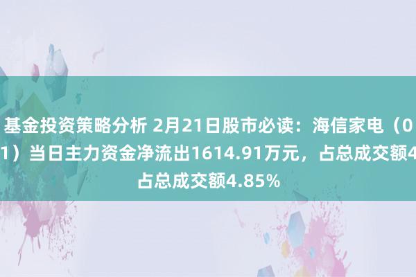 基金投资策略分析 2月21日股市必读：海信家电（000921）当日主力资金净流出1614.91万元，占总成交额4.85%